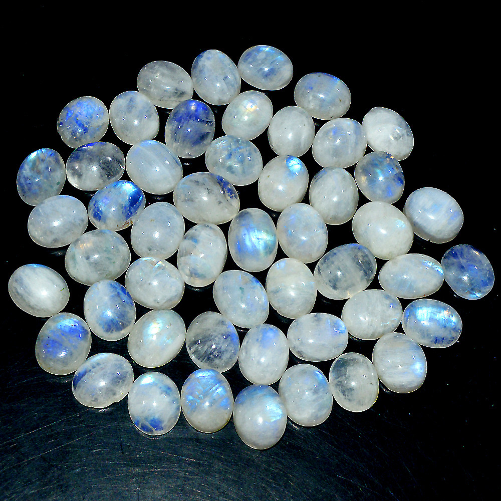 Image of 50 Pcs 206 Ct Natural Rainbow Moonstone Cabochon Loose Gemstone Lot 10x6mm #3642