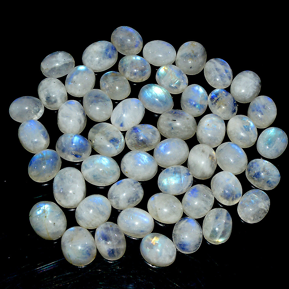 50 Pcs 199 Ct Natural Rainbow Moonstone Cabochon Loose Gemstone Lot 10x6mm 3643