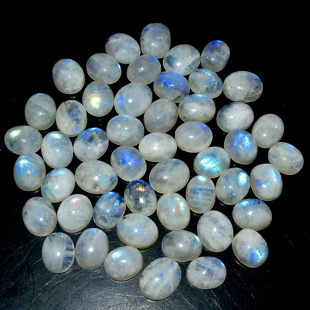 50 Pcs 209 Ct Natural Rainbow Moonstone Cabochon Loose Gemstone Lot 10x6mm 3644
