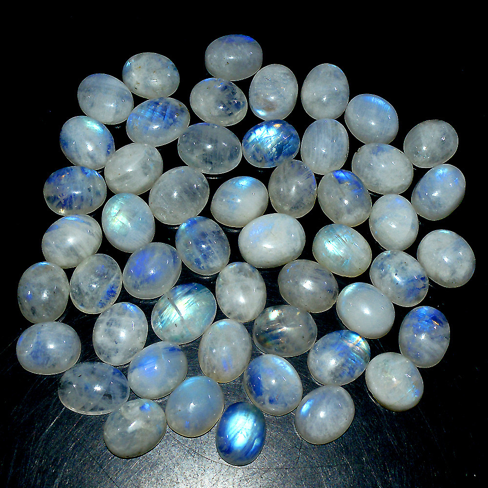 Image of 50 Pcs 199 Ct Natural Rainbow Moonstone Cabochon Loose Gemstone Lot 10x6mm #3646