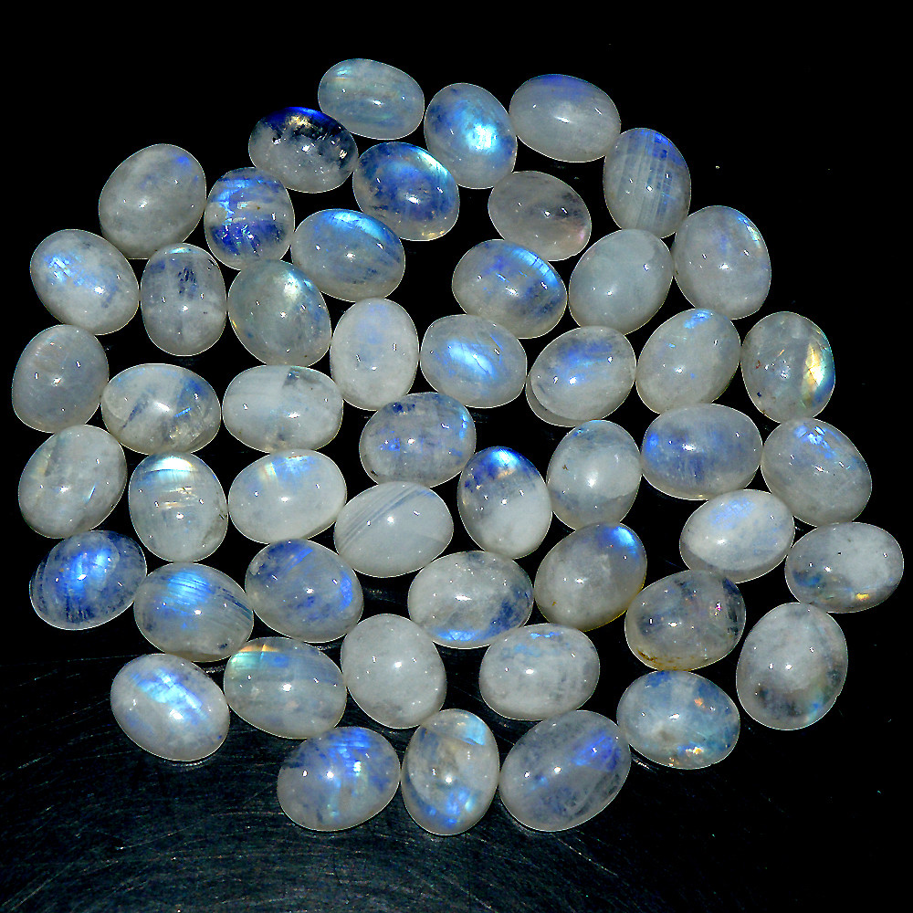 Image of 50 Pcs 110 Ct Natural Rainbow Moonstone Cabochon Loose Gemstone Lot 8x5mm #3648