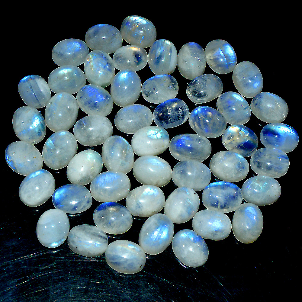 Image of 50 Pcs 117 Ct Natural Rainbow Moonstone Cabochon Loose Gemstone Lot 8x5mm #3649