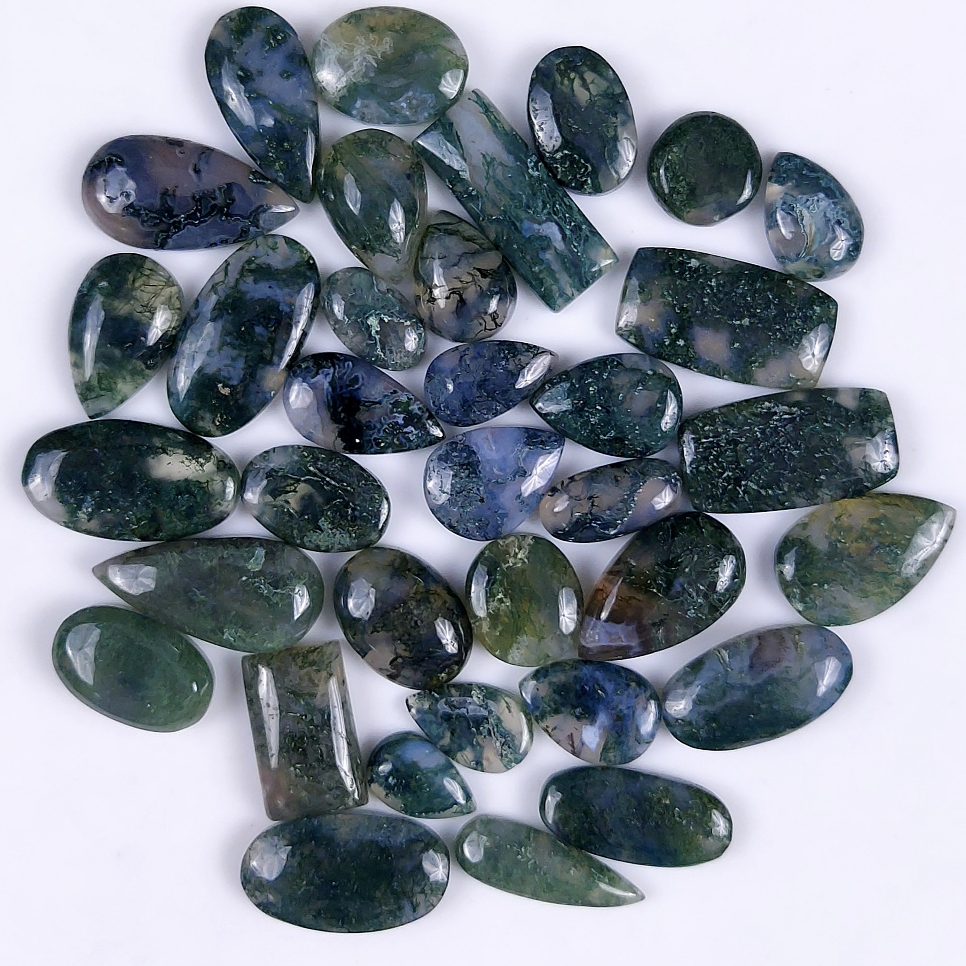 35Pcs 219Cts Natural Green Moss Agate Cabochon Lots Mixed Shapes And Sizes Moss Agate loose gemstone Cabochon Wholesale Lot 18x8 10x5mm#G-365