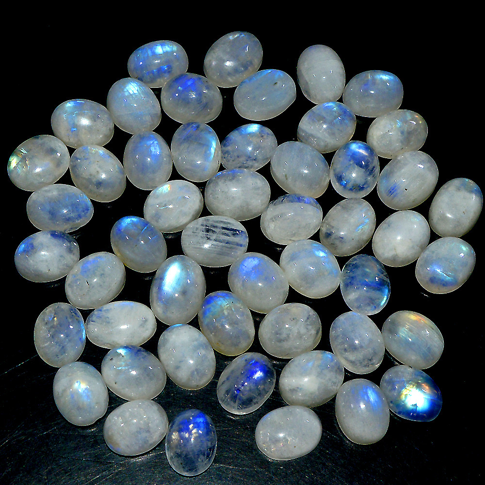 Image of 50 Pcs 116 Ct Natural Rainbow Moonstone Cabochon Loose Gemstone Lot 8x5mm #3650