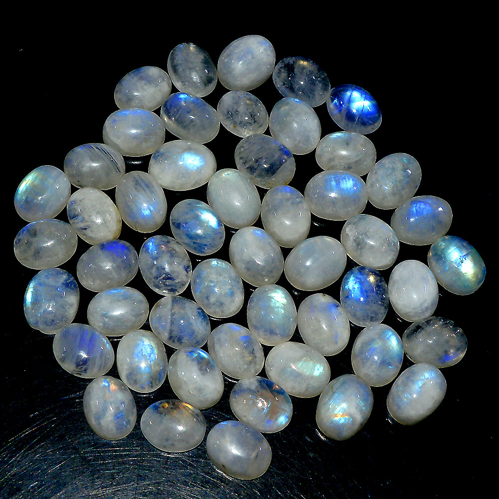 Image of 50 Pcs 110 Ct Natural Rainbow Moonstone Cabochon Loose Gemstone Lot 8x5mm #3651