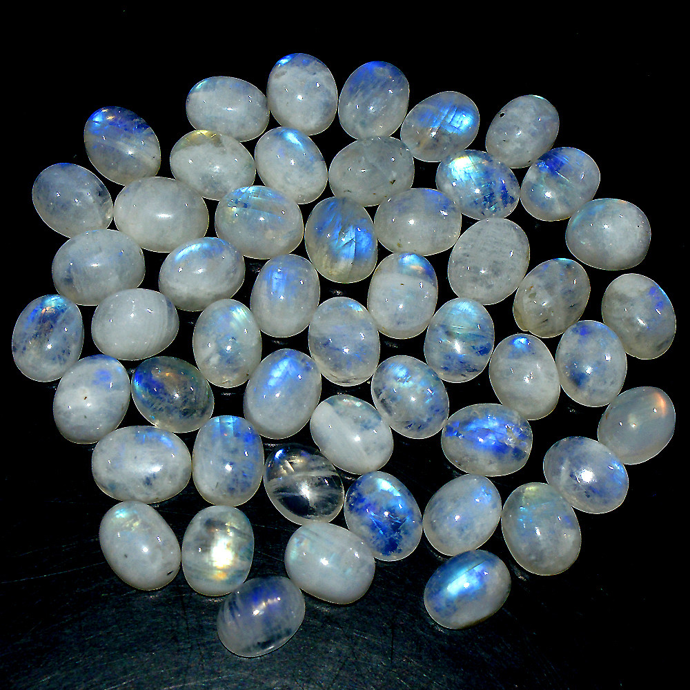 Image of 50 Pcs 114 Ct Natural Rainbow Moonstone Cabochon Loose Gemstone Lot 8x5mm #3652