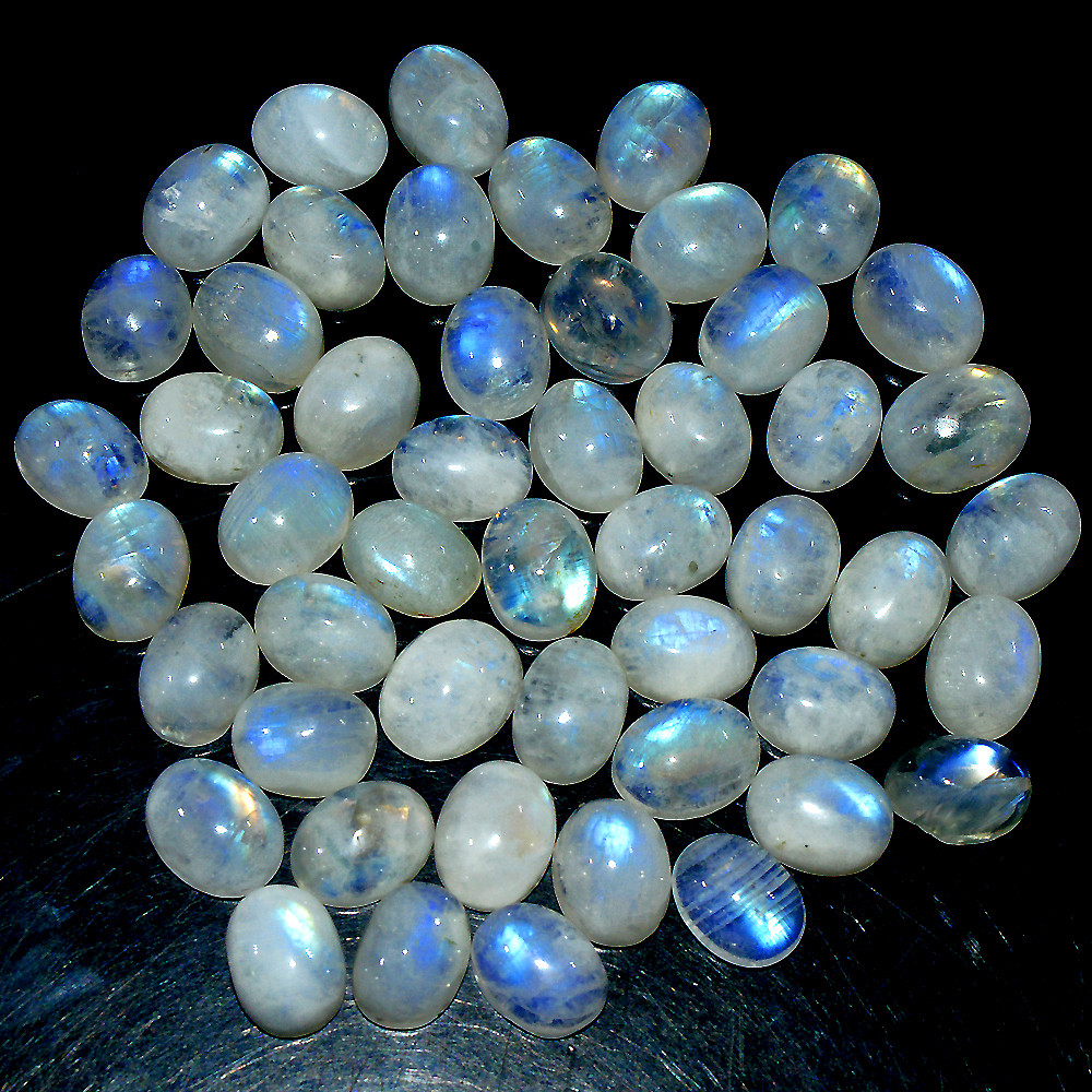 Image of 50 Pcs 120 Ct Natural Rainbow Moonstone Cabochon Loose Gemstone Lot 8x5mm #3653