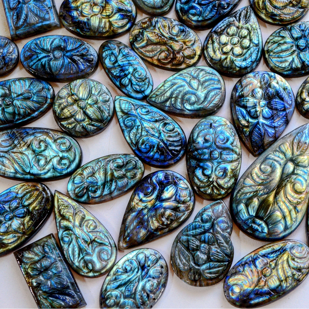 Natural Multi Fire labradorite cabochon carving gemstone mughal carved loose gemstone Wholesale Lot For Jewelry