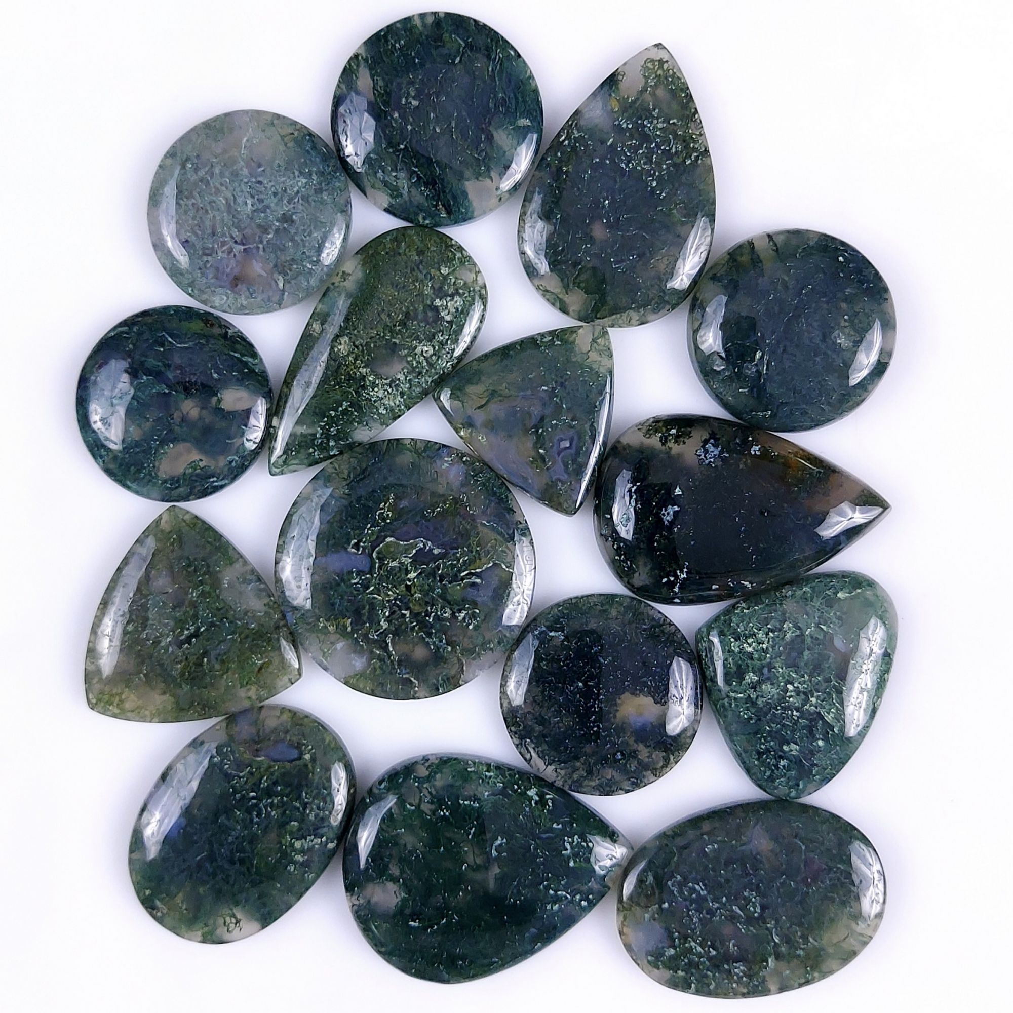 15Pcs 345Cts Natural Green Moss Agate Cabochon Lots Mixed Shapes And Sizes Moss Agate loose gemstone Cabochon Wholesale Lot 30x18 18x18mm#G-369