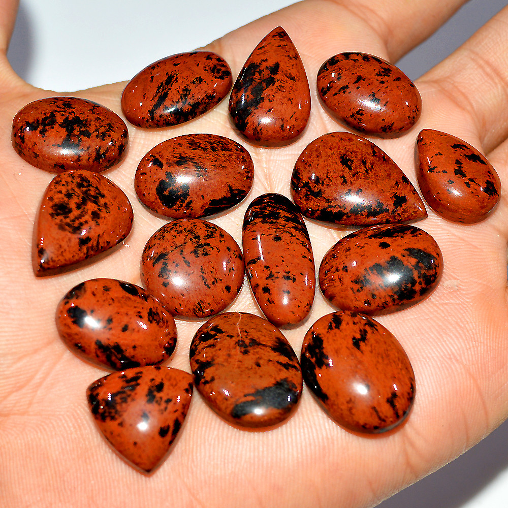 Image of 15 Pcs 207 Cts Natural Mahogany Obsidian Cabochon Loose Gemstone Lot 22x15 15x15mm #3701