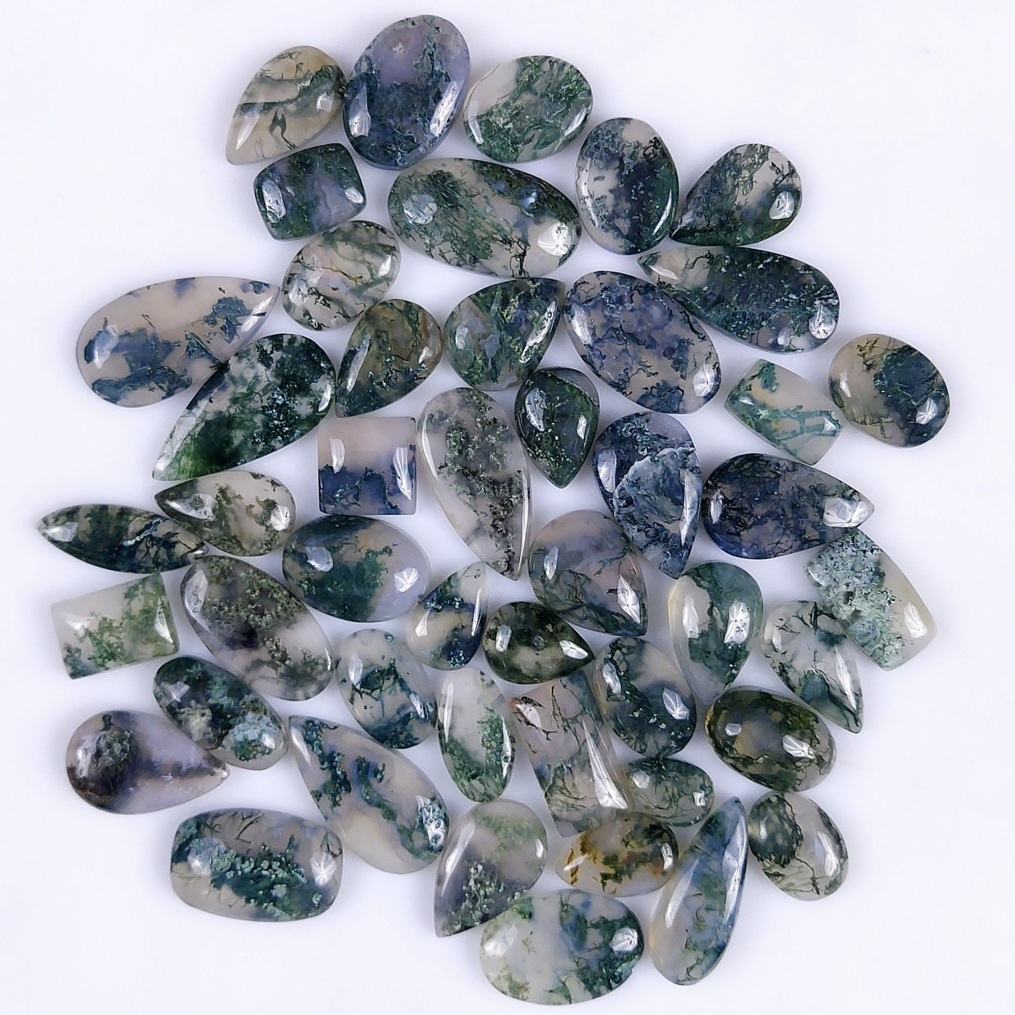 47Pcs 240Cts Natural Green Moss Agate Cabochon Lots Mixed Shapes And Sizes Moss Agate loose gemstone Cabochon Wholesale Lot 20x8 10x7mm#G-371