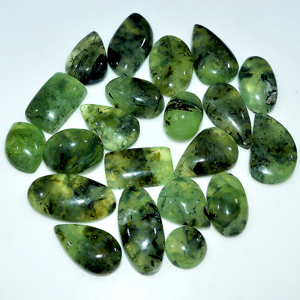 Image of 21 Pcs 428 Cts Natural Green Prehnite Cabochon Loose Gemstone Lot 26x14 10x10mm #3718