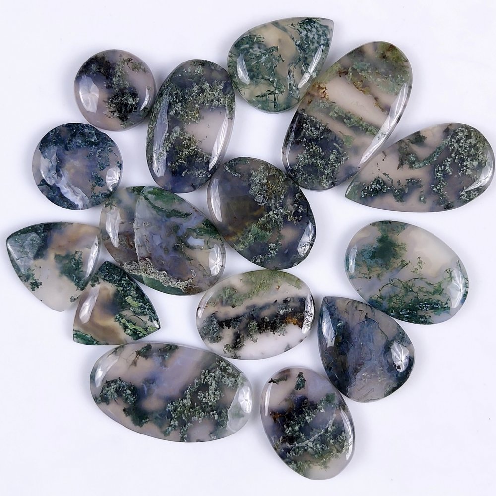 15Pcs 258Cts Natural Green Moss Agate Cabochon Lots Mixed Shapes And Sizes Moss Agate loose gemstone Cabochon Wholesale Lot 30x16 14x14mm#G-372