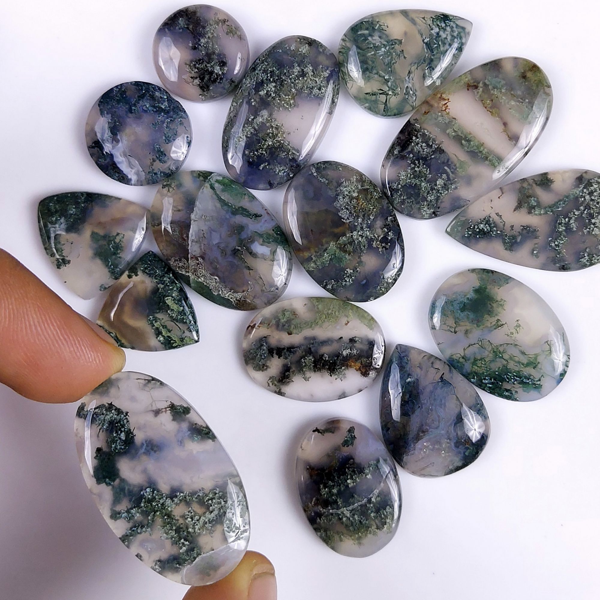 15Pcs 258Cts Natural Green Moss Agate Cabochon Lots Mixed Shapes And Sizes Moss Agate loose gemstone Cabochon Wholesale Lot 30x16 14x14mm#G-372