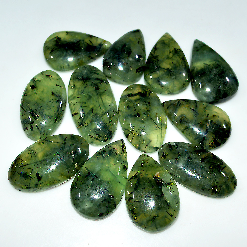 Image of 12 Pcs 457 Cts Natural Green Prehnite Cabochon Loose Gemstone Lot 35x16 25x15mm #3722