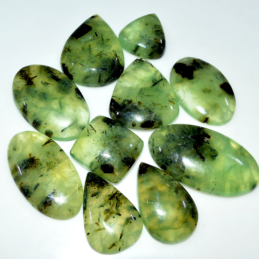 Image of 10 Pcs 520 Cts Natural Green Prehnite Cabochon Loose Gemstone Lot 45x24 20x20mm #3724