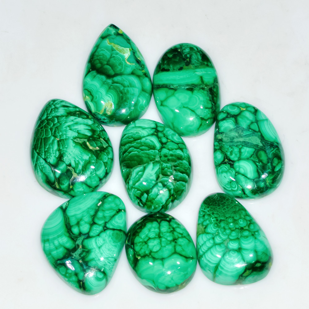 Image of 8 Pcs 213 Cts Natural Malachite Mix Shape Size Back Unpolished Cabochon Gemstone Lot 25x17 18x15mm #3779