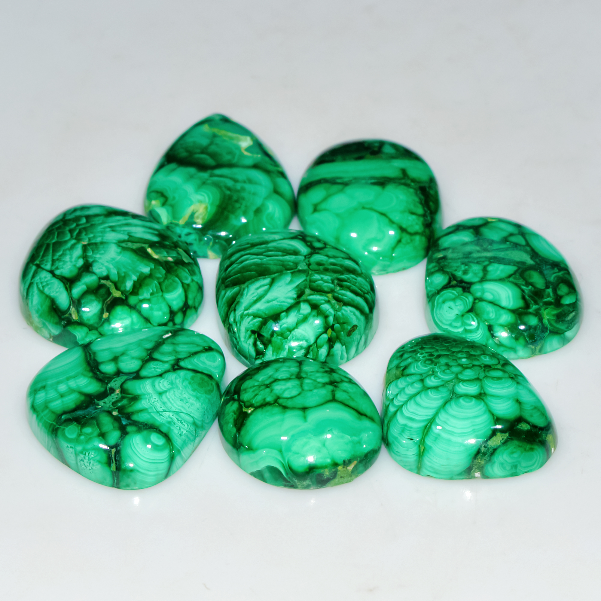 8 Pcs 213 Cts Natural Malachite Mix Shape Size Back Unpolished Cabochon Gemstone Lot 25x17 18x15mm 3779