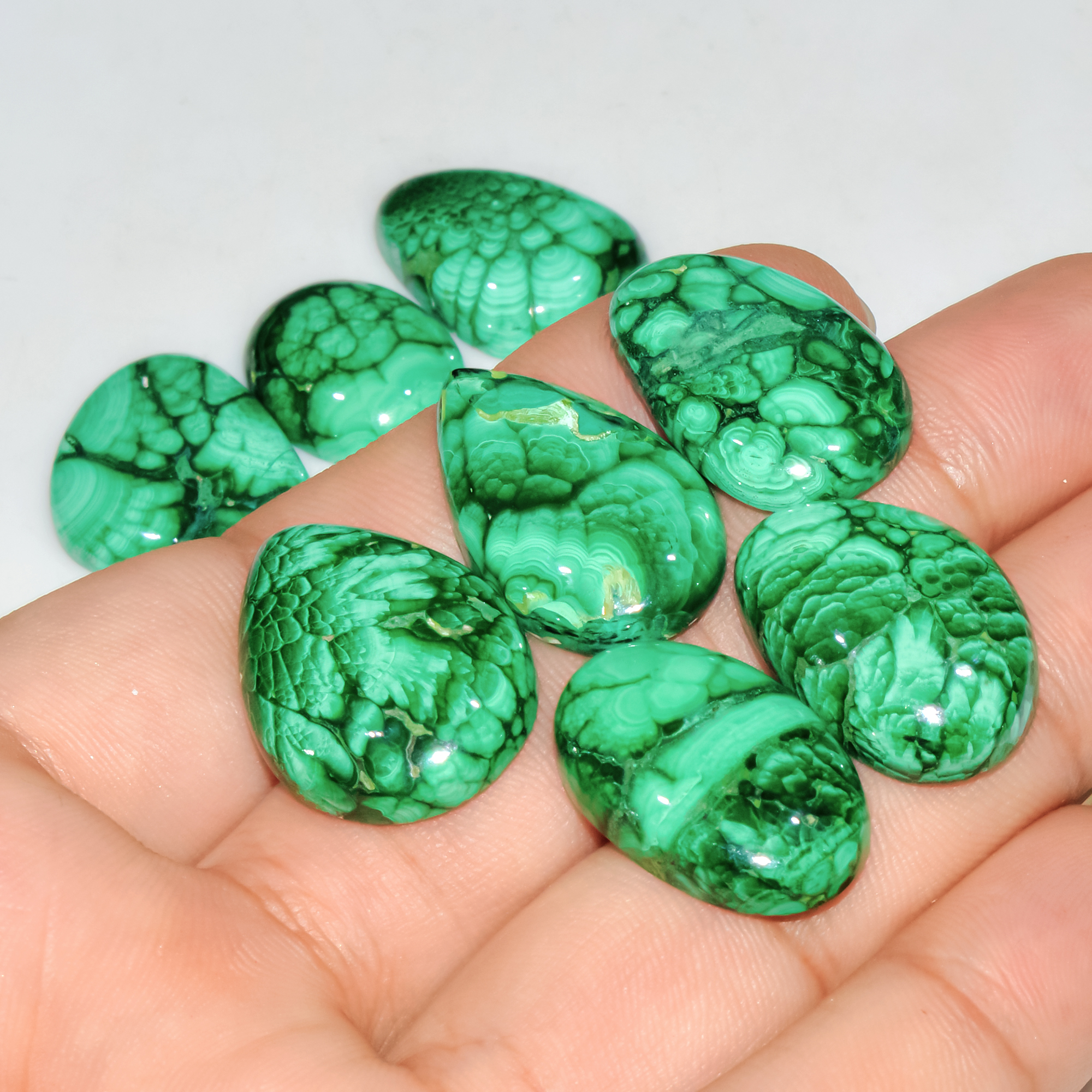 8 Pcs 213 Cts Natural Malachite Mix Shape Size Back Unpolished Cabochon Gemstone Lot 25x17 18x15mm 3779