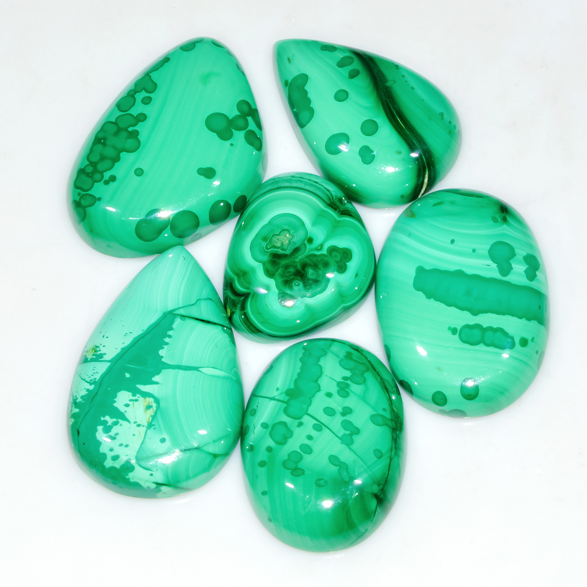 6 Pcs 212 Cts Natural Malachite Mix Shape Size Back Unpolished Cabochon Gemstone Lot 30x20 20x15mm 3780