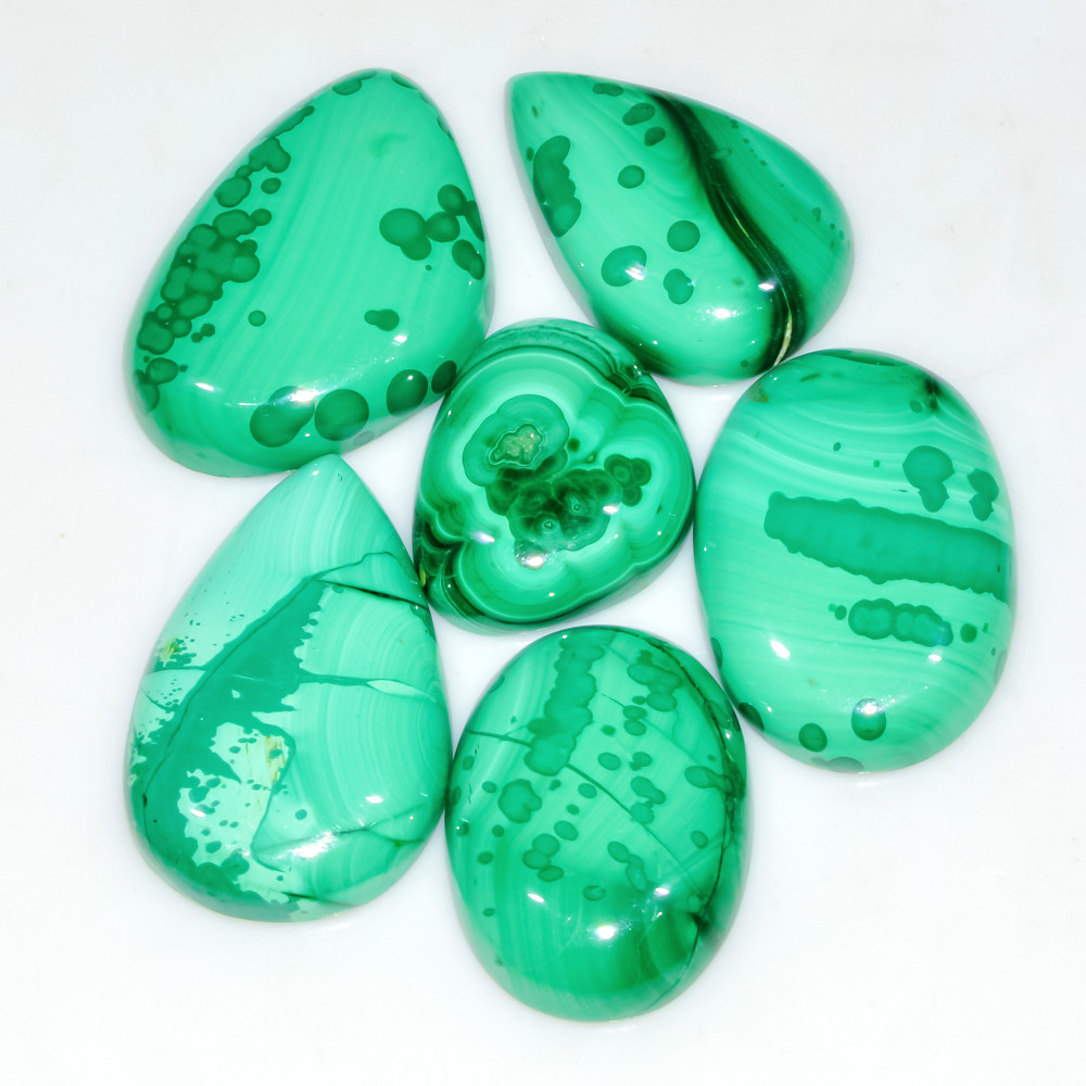 Image of 6 Pcs 212 Cts Natural Malachite Mix Shape Size Back Unpolished Cabochon Gemstone Lot 30x20 20x15mm #3780