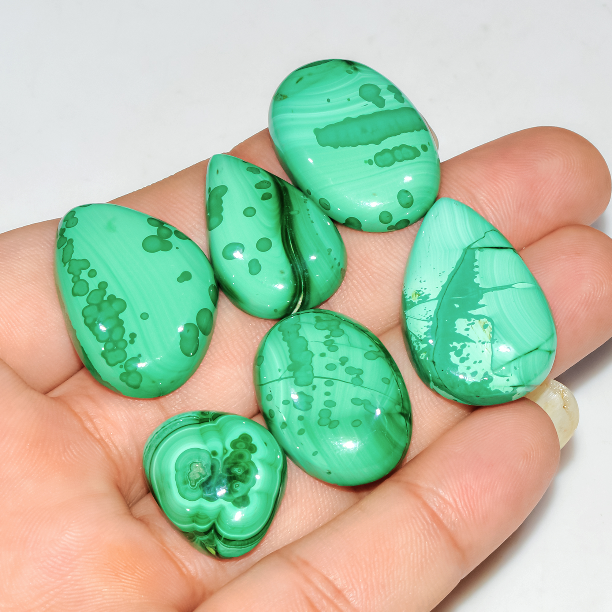6 Pcs 212 Cts Natural Malachite Mix Shape Size Back Unpolished Cabochon Gemstone Lot 30x20 20x15mm 3780