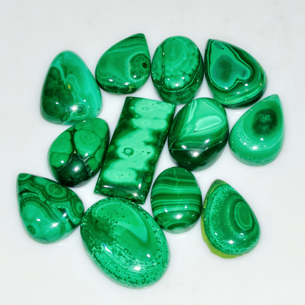 Image of 12 Pcs 200 Cts Natural Malachite Mix Shape Size Back Unpolished Cabochon Gemstone Lot 25x10 15x10mm #3781