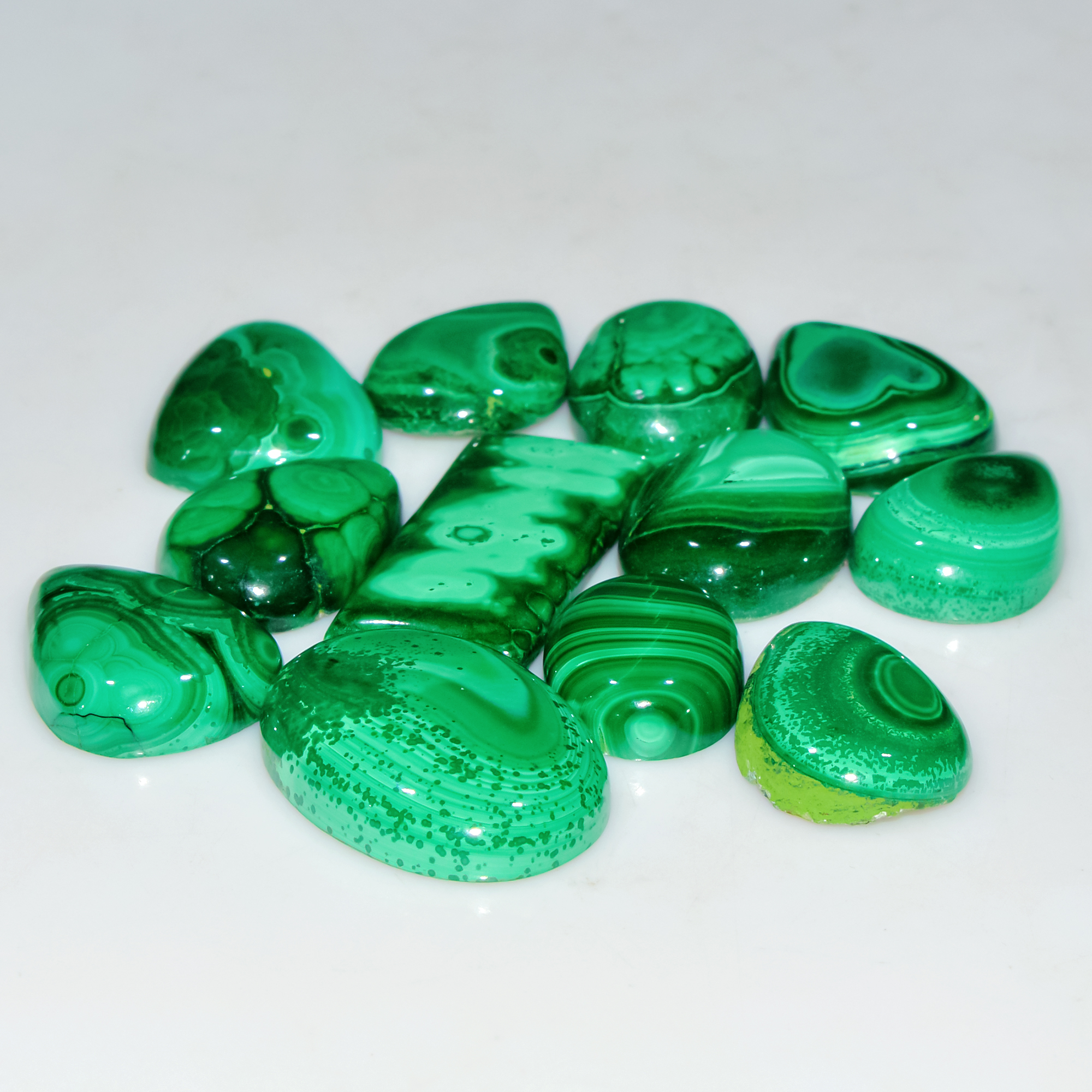 12 Pcs 200 Cts Natural Malachite Mix Shape Size Back Unpolished Cabochon Gemstone Lot 25x10 15x10mm 3781