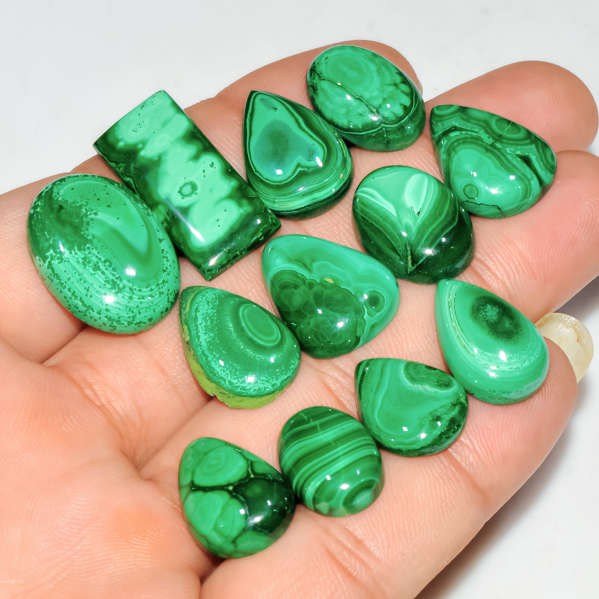 12 Pcs 200 Cts Natural Malachite Mix Shape Size Back Unpolished Cabochon Gemstone Lot 25x10 15x10mm 3781