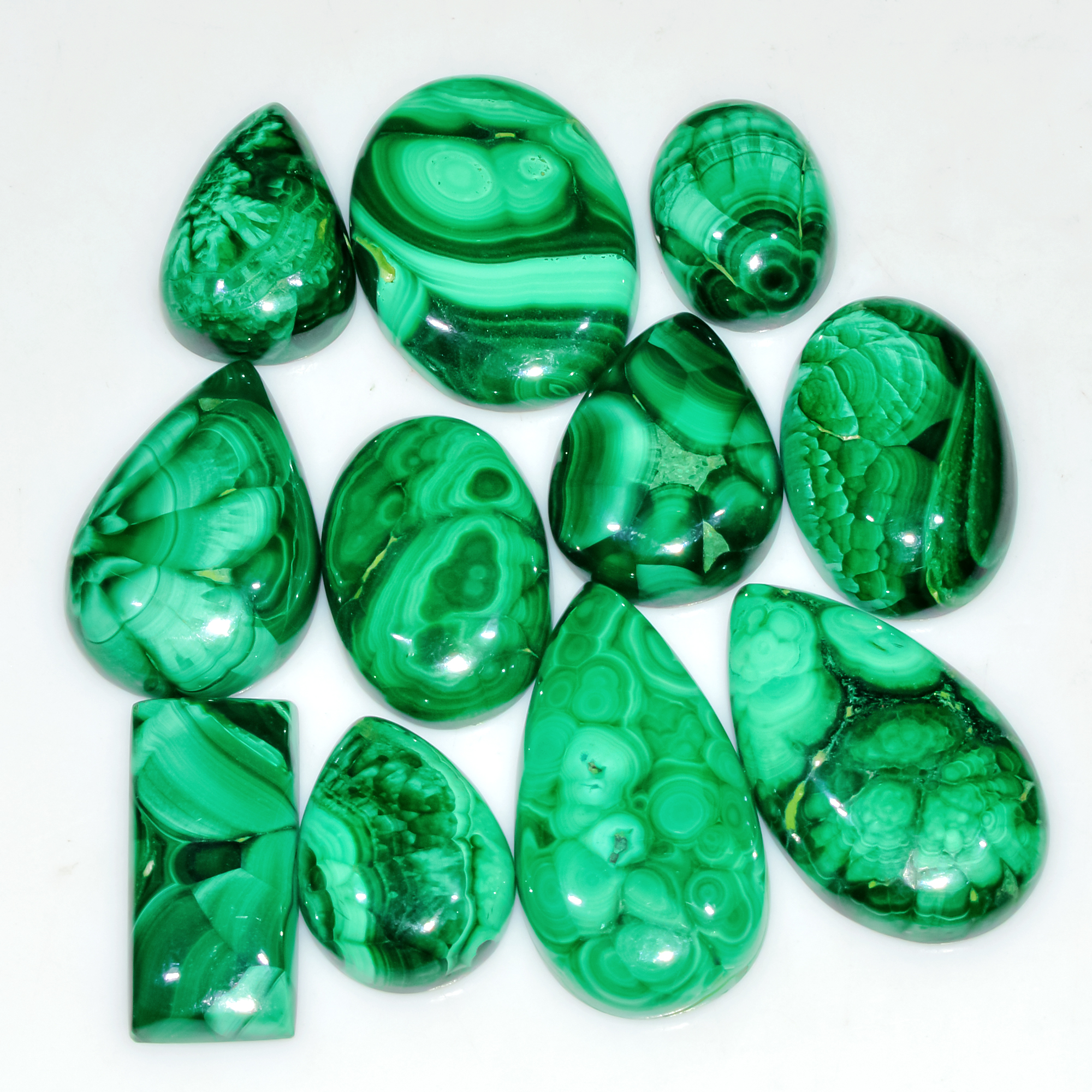 11 Pcs 209 Cts Natural Malachite Mix Shape Size Back Unpolished Cabochon Gemstone Lot 28x15 15x10mm 3782