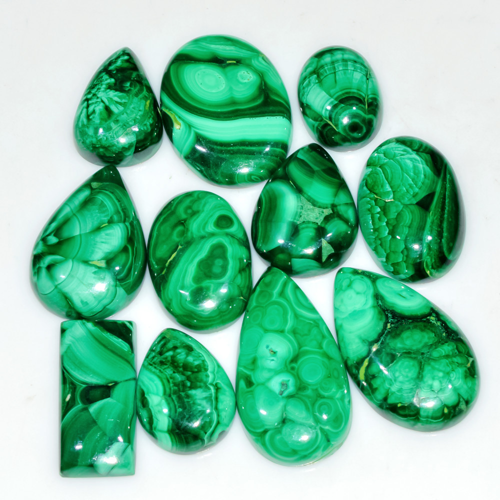 Image of 11 Pcs 209 Cts Natural Malachite Mix Shape Size Back Unpolished Cabochon Gemstone Lot 28x15 15x10mm #3782