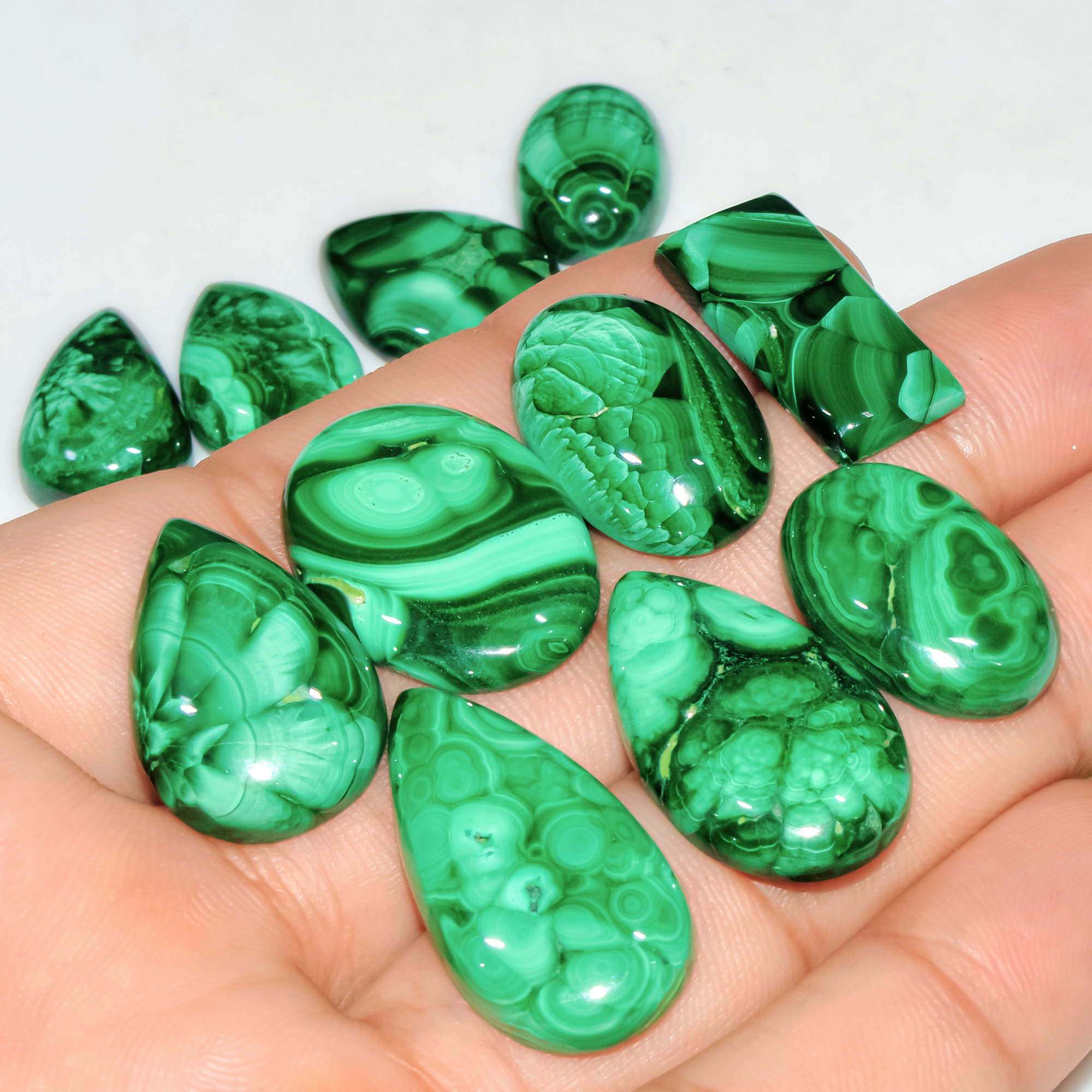 11 Pcs 209 Cts Natural Malachite Mix Shape Size Back Unpolished Cabochon Gemstone Lot 28x15 15x10mm 3782