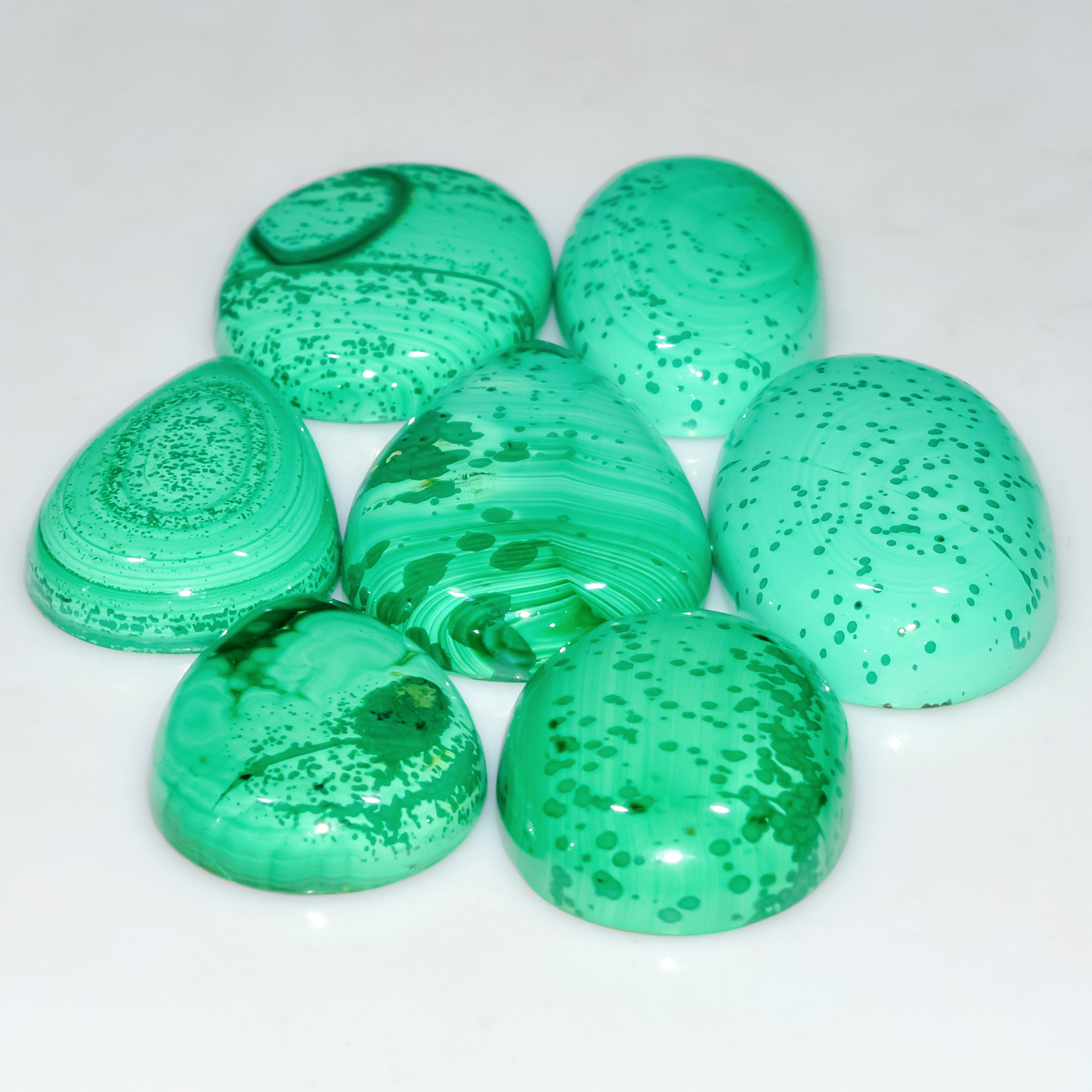 7 Pcs 239 Cts Natural Malachite Mix Shape Size Back Unpolished Cabochon Gemstone Lot 30x20 23x15mm 3783
