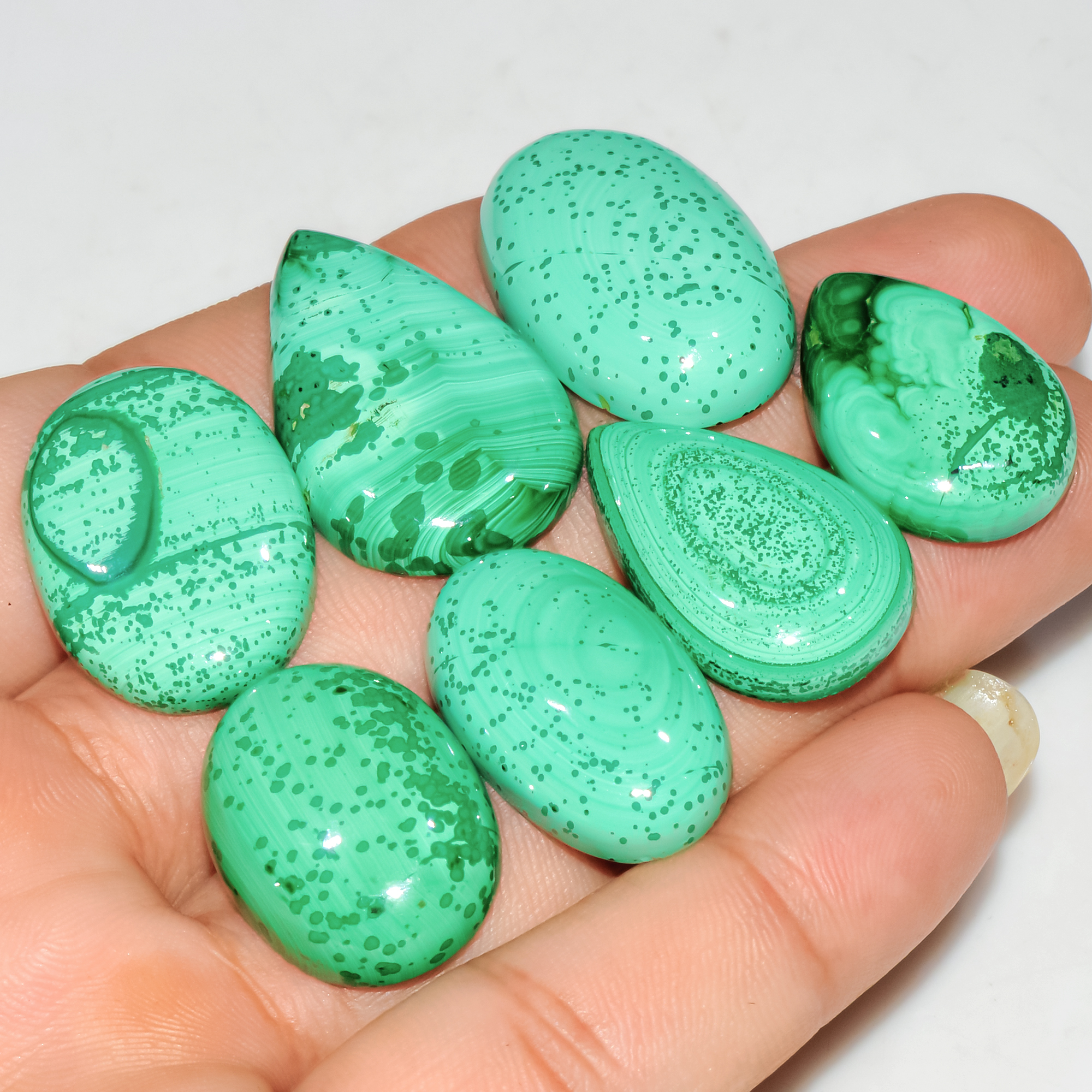 7 Pcs 239 Cts Natural Malachite Mix Shape Size Back Unpolished Cabochon Gemstone Lot 30x20 23x15mm 3783