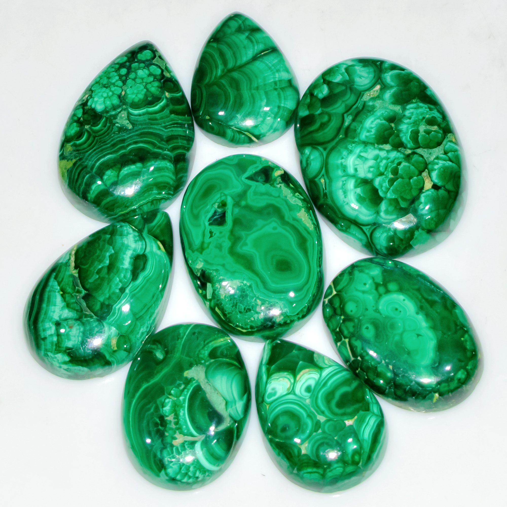 8 Pcs 258 Cts Natural Malachite Mix Shape Size Back Unpolished Cabochon Gemstone Lot 30x20 20x14mm 3784