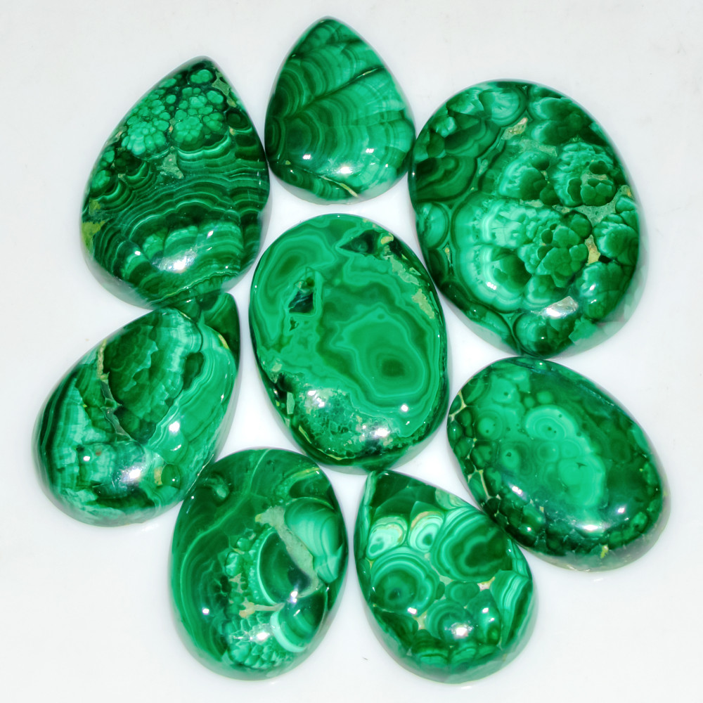 Image of 8 Pcs 258 Cts Natural Malachite Mix Shape Size Back Unpolished Cabochon Gemstone Lot 30x20 20x14mm #3784