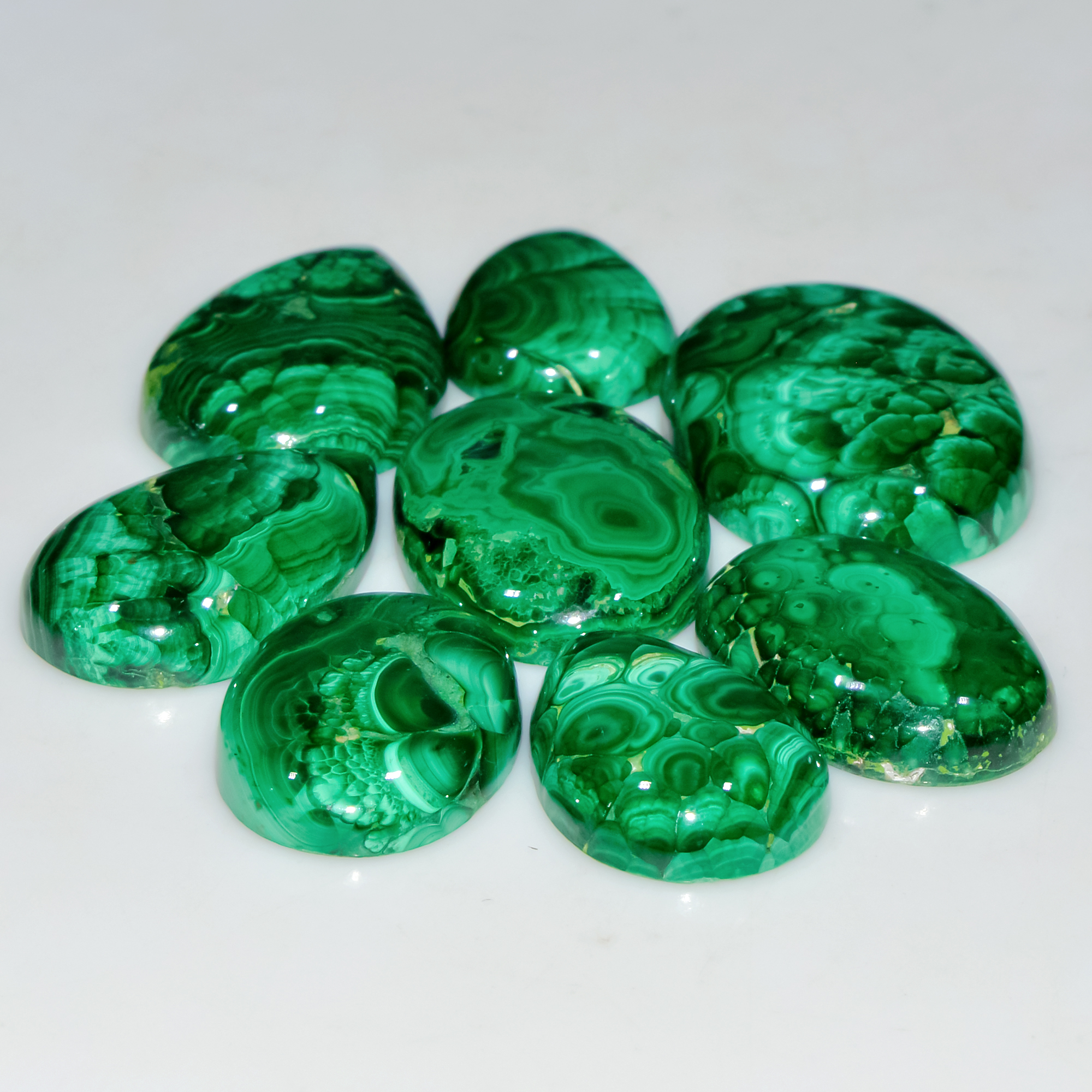 8 Pcs 258 Cts Natural Malachite Mix Shape Size Back Unpolished Cabochon Gemstone Lot 30x20 20x14mm 3784