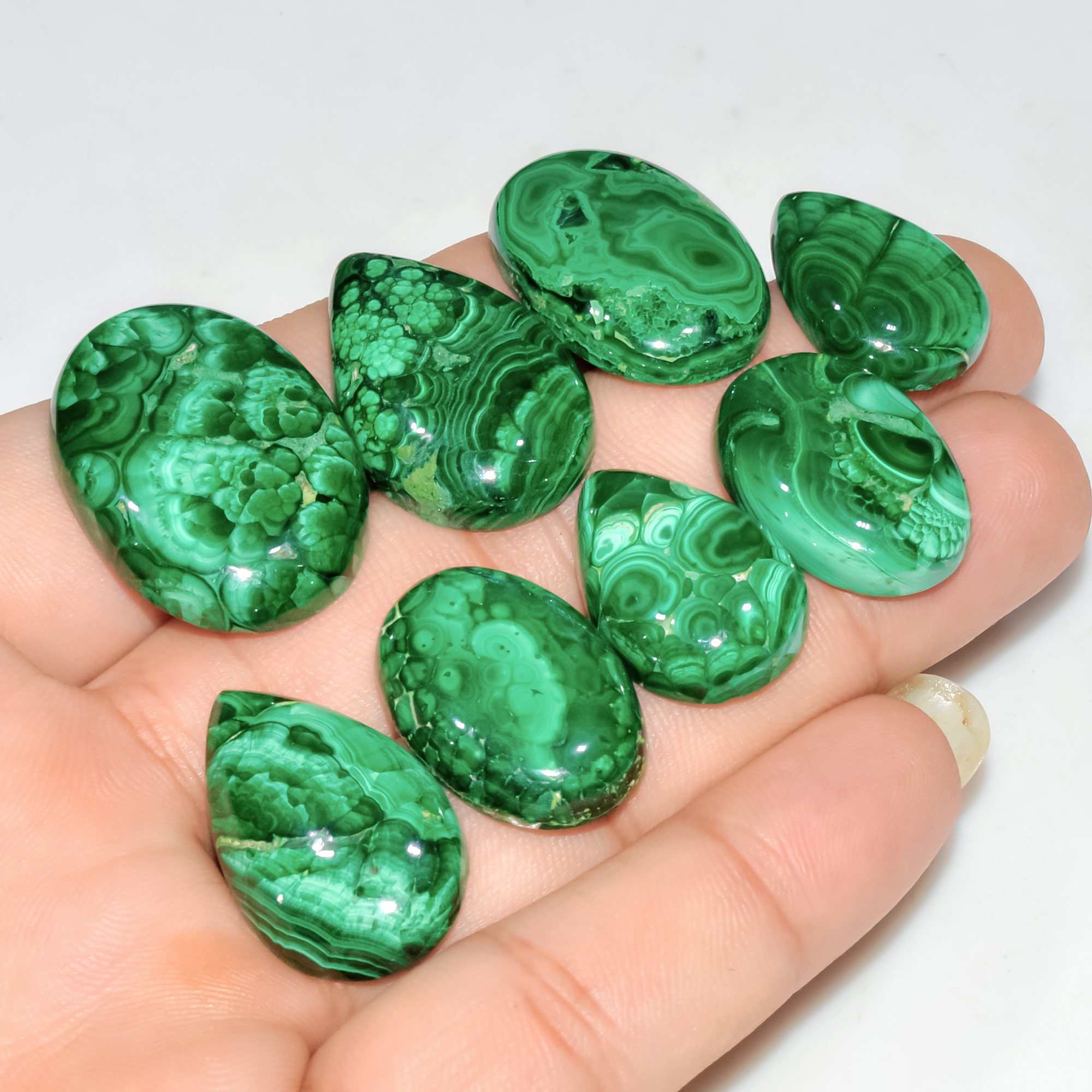 8 Pcs 258 Cts Natural Malachite Mix Shape Size Back Unpolished Cabochon Gemstone Lot 30x20 20x14mm 3784