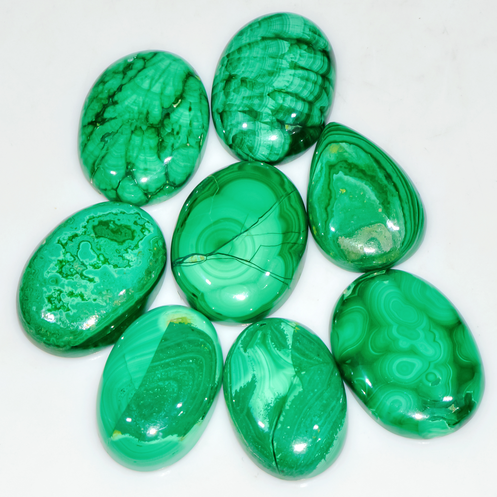 8 Pcs 275 Cts Natural Malachite Mix Shape Size Back Unpolished Cabochon Gemstone Lot 25x19 24x15mm 3785