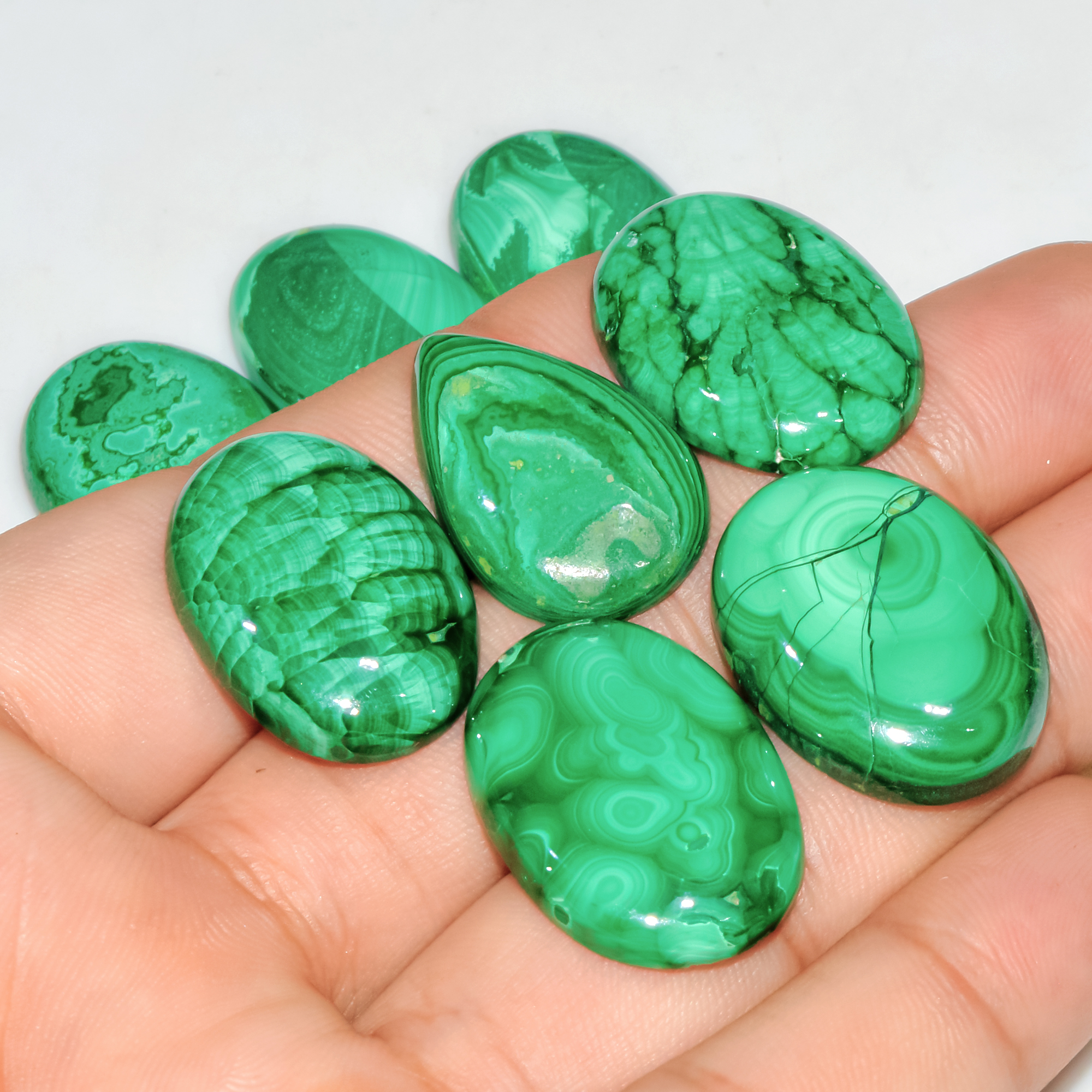 8 Pcs 275 Cts Natural Malachite Mix Shape Size Back Unpolished Cabochon Gemstone Lot 25x19 24x15mm 3785