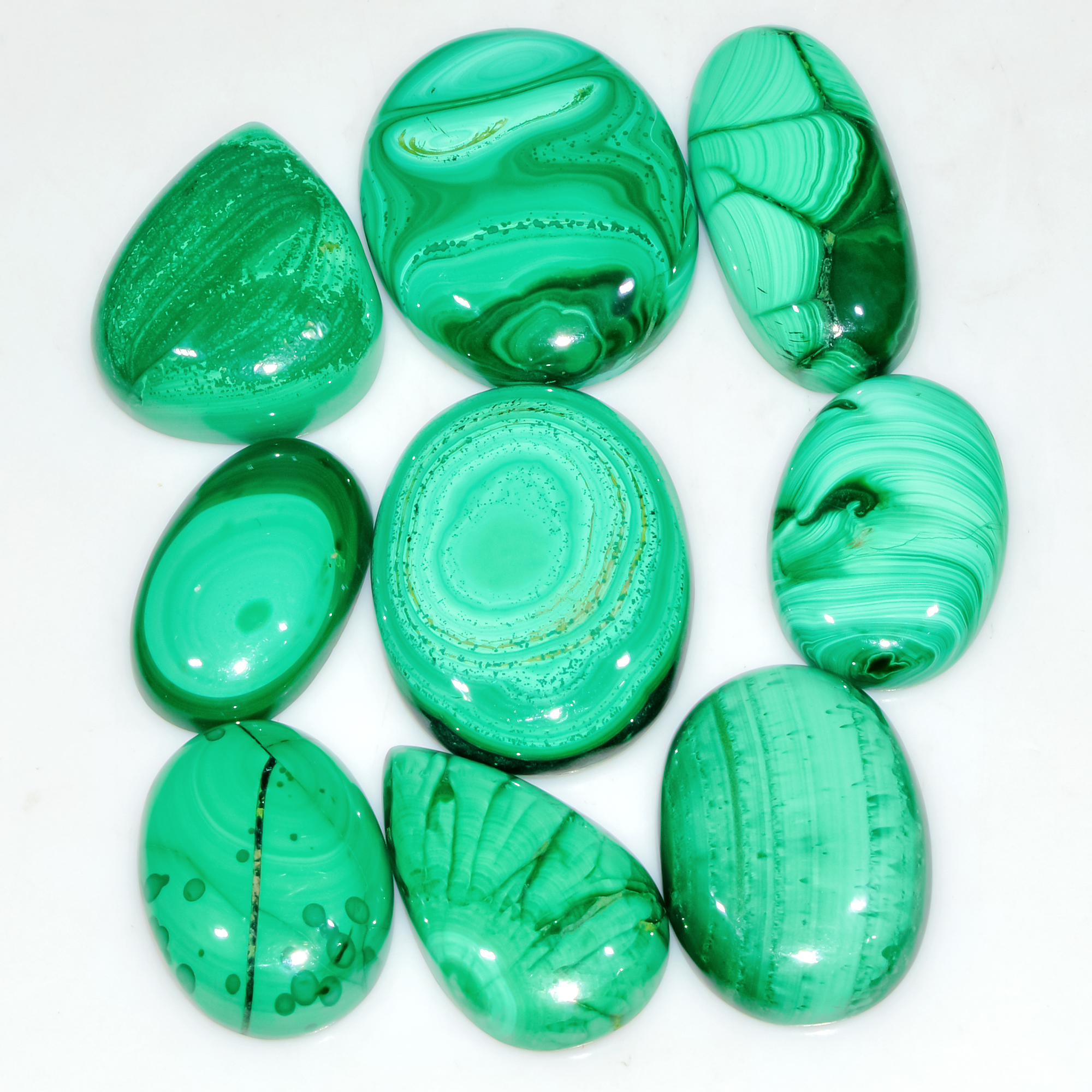 9 Pcs 269 Cts Natural Malachite Mix Shape Size Back Unpolished Cabochon Gemstone Lot 28x20 20x14mm 3786