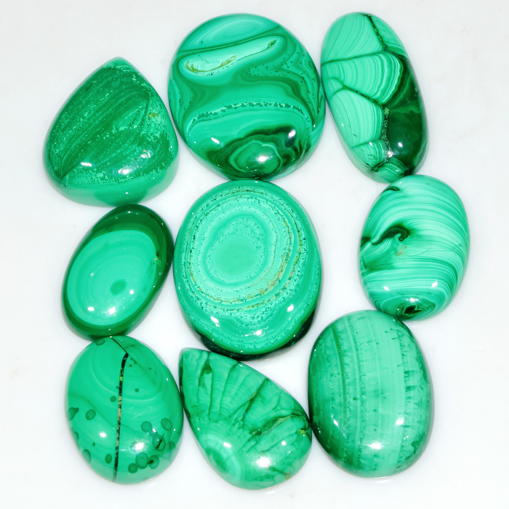 Image of 9 Pcs 269 Cts Natural Malachite Mix Shape Size Back Unpolished Cabochon Gemstone Lot 28x20 20x14mm #3786