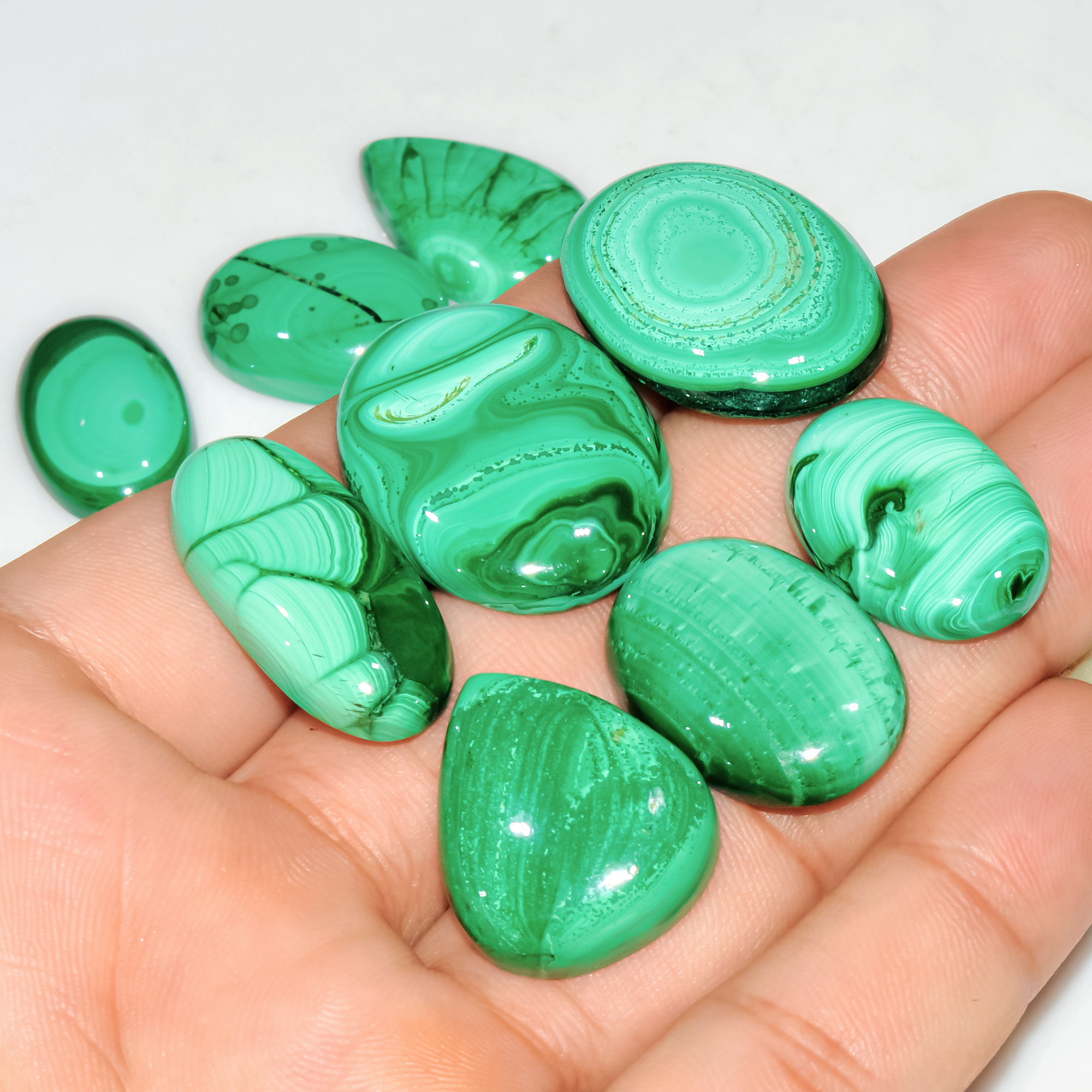 9 Pcs 269 Cts Natural Malachite Mix Shape Size Back Unpolished Cabochon Gemstone Lot 28x20 20x14mm 3786