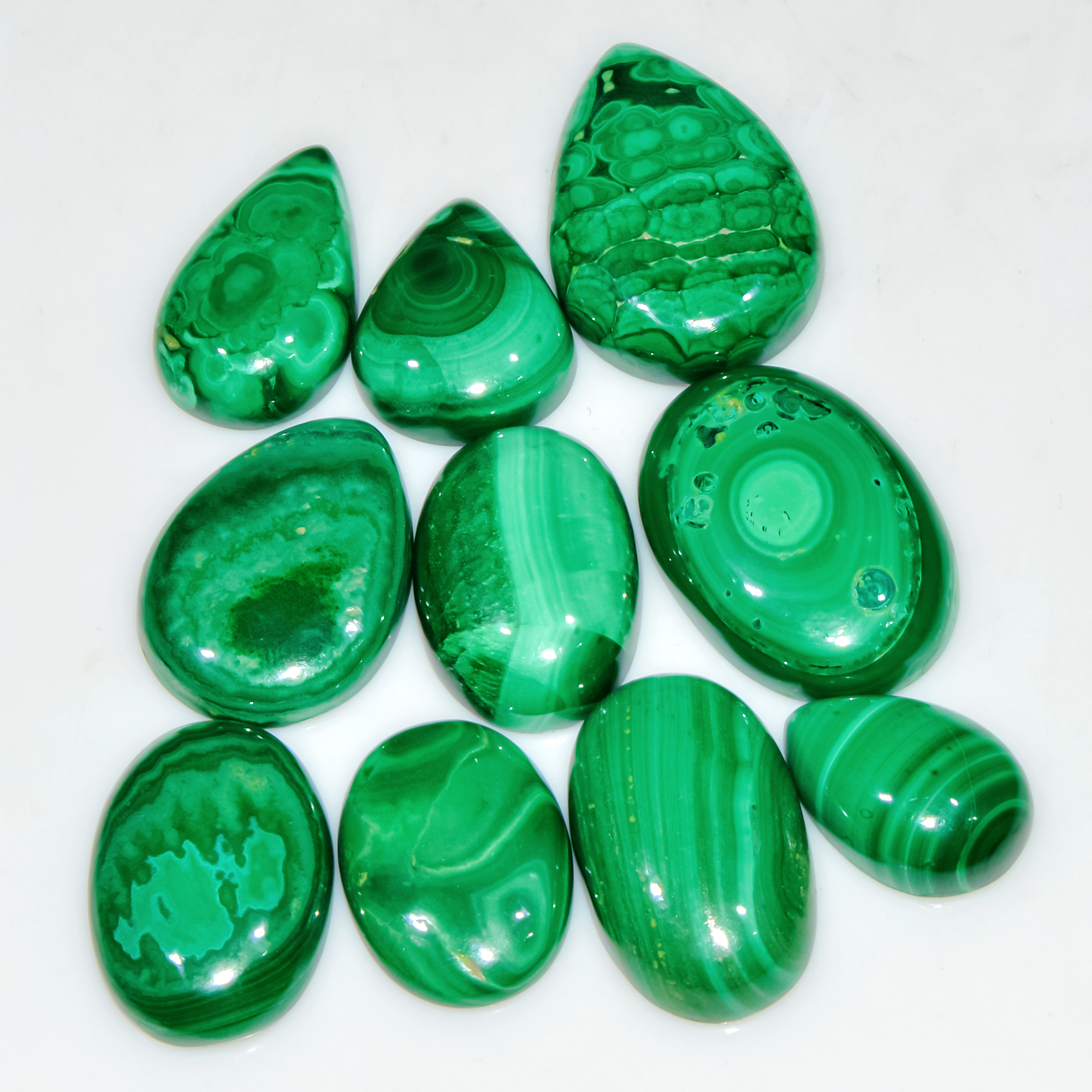 10 Pcs 228 Cts Natural Malachite Mix Shape Size Back Unpolished Cabochon Gemstone Lot 25x16 15x10mm 3787