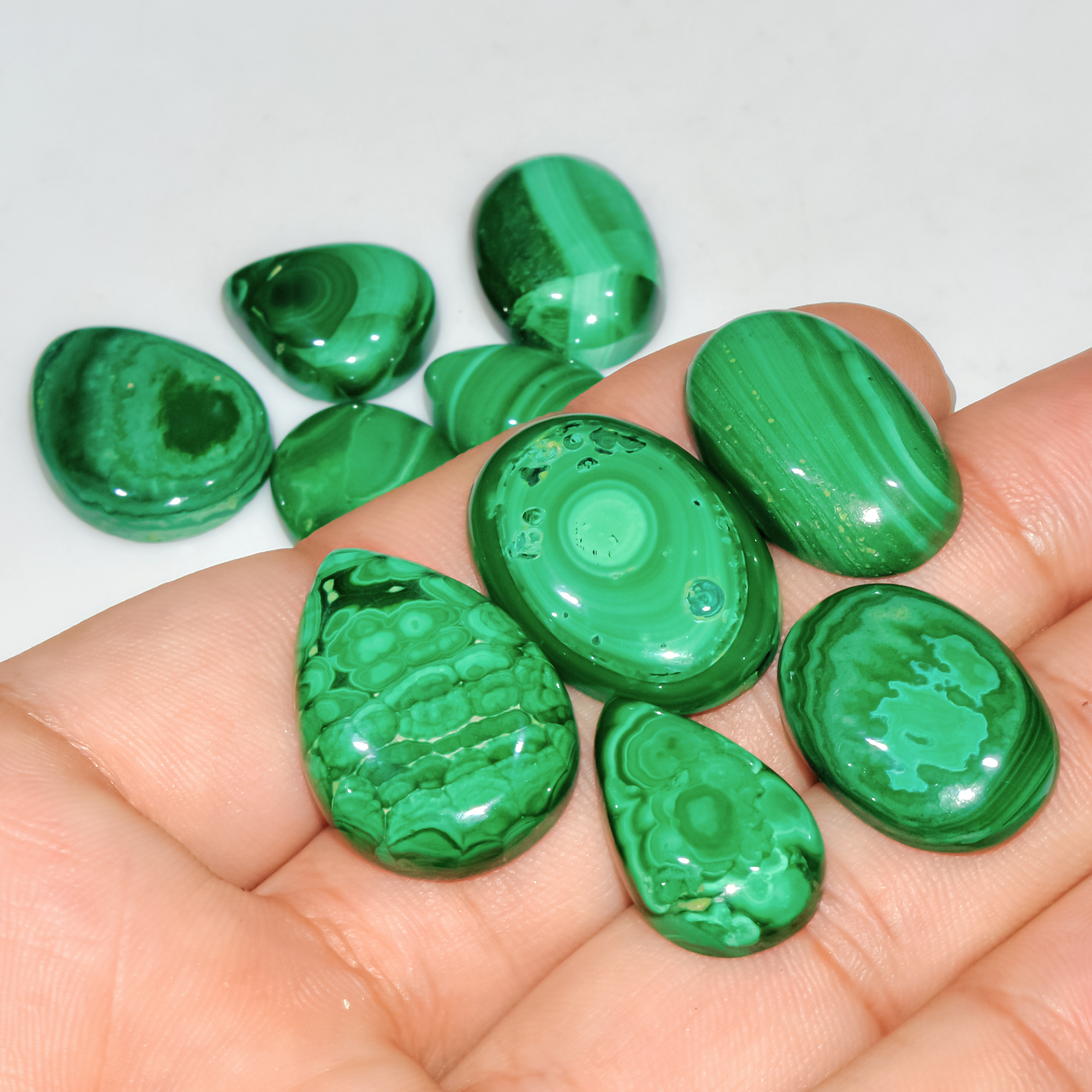 10 Pcs 228 Cts Natural Malachite Mix Shape Size Back Unpolished Cabochon Gemstone Lot 25x16 15x10mm 3787