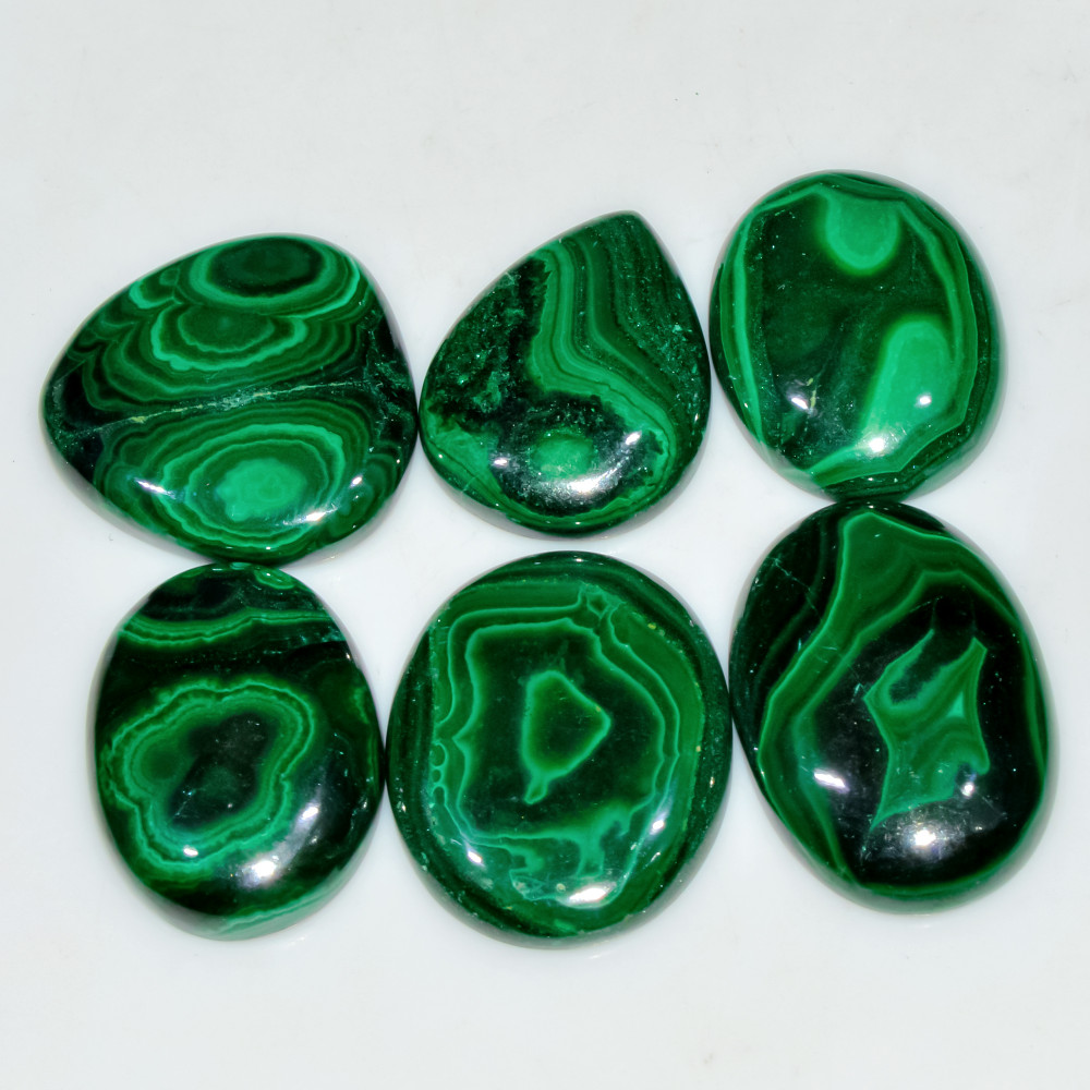 Image of 6 Pcs 248 Cts Natural Malachite Mix Shape Size Back Unpolished Cabochon Gemstone Lot 30x20 25x20mm #3788