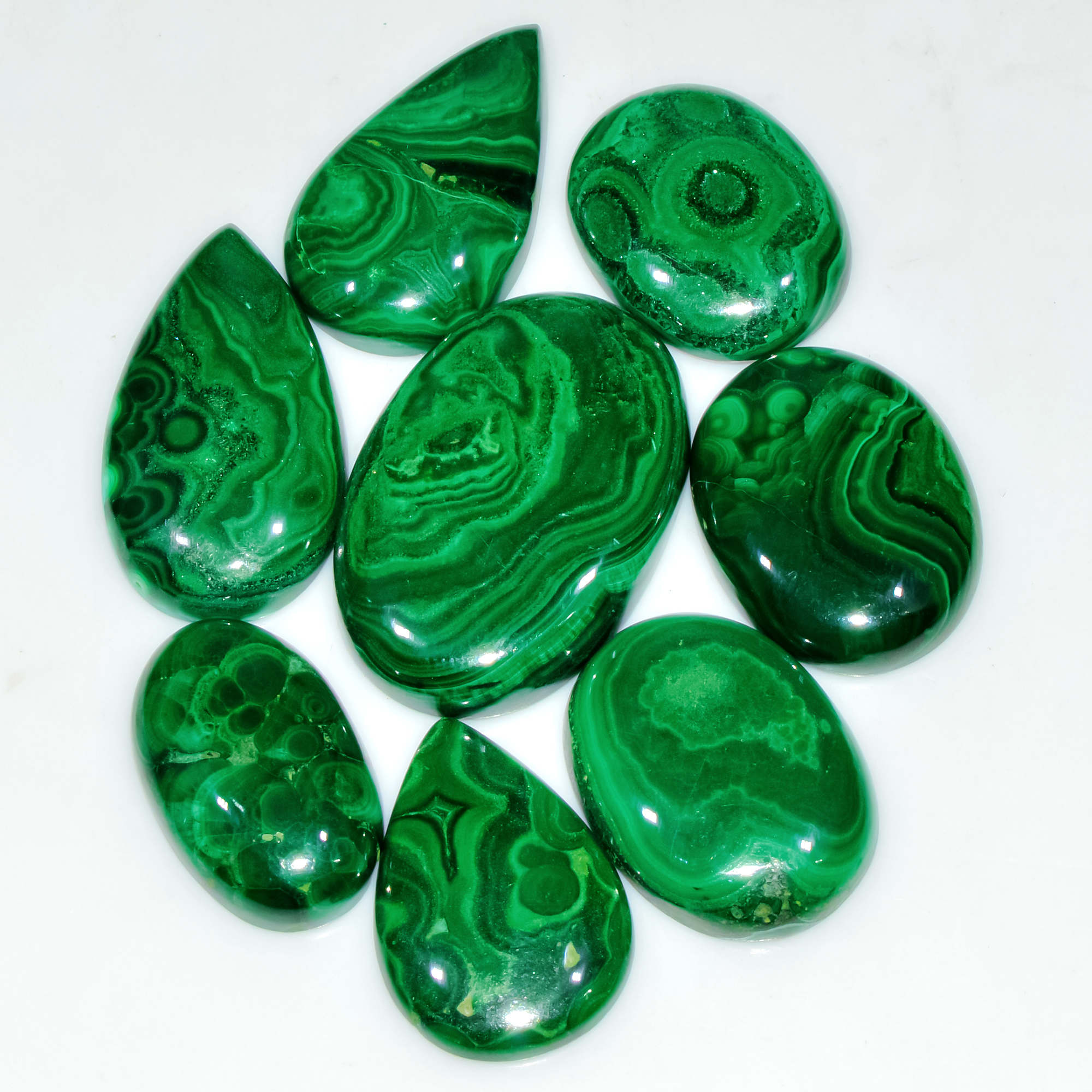8 Pcs 305 Cts Natural Malachite Mix Shape Size Back Unpolished Cabochon Gemstone Lot 34x22 24x14mm 3789