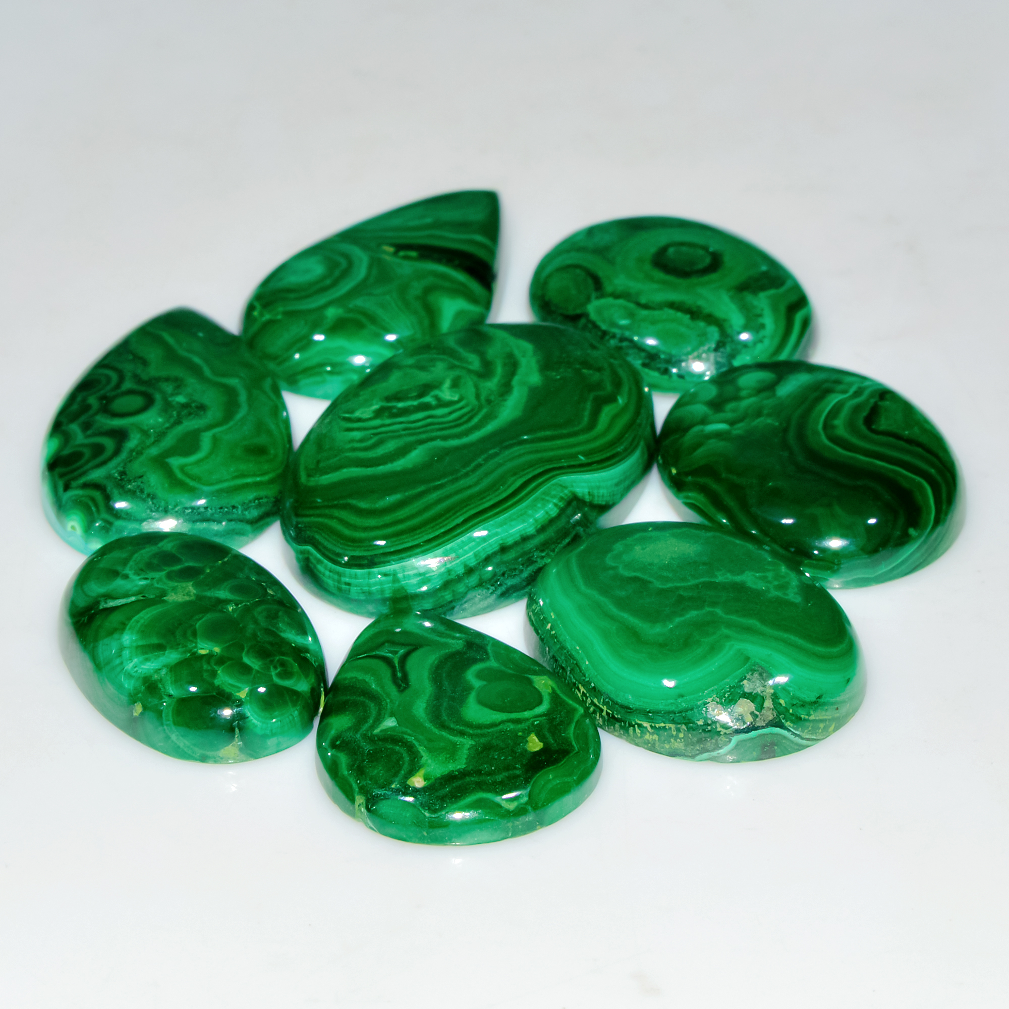 8 Pcs 305 Cts Natural Malachite Mix Shape Size Back Unpolished Cabochon Gemstone Lot 34x22 24x14mm 3789
