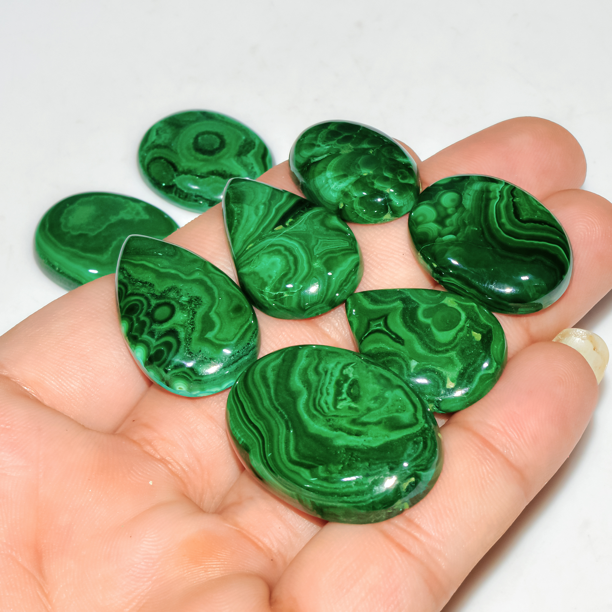 8 Pcs 305 Cts Natural Malachite Mix Shape Size Back Unpolished Cabochon Gemstone Lot 34x22 24x14mm 3789