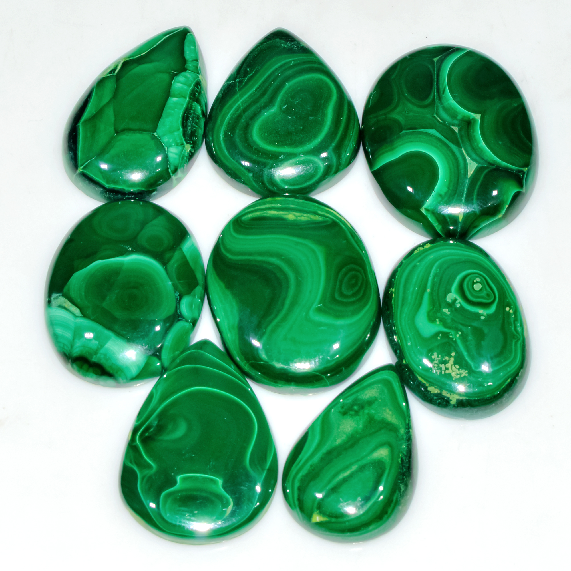 8 Pcs 309 Cts Natural Malachite Mix Shape Size Back Unpolished Cabochon Gemstone Lot 29x21 24x15mm 3791